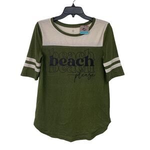 Upcycled Hand Printed Womens Medium Beach Please Crew Neck White Stripe Tee